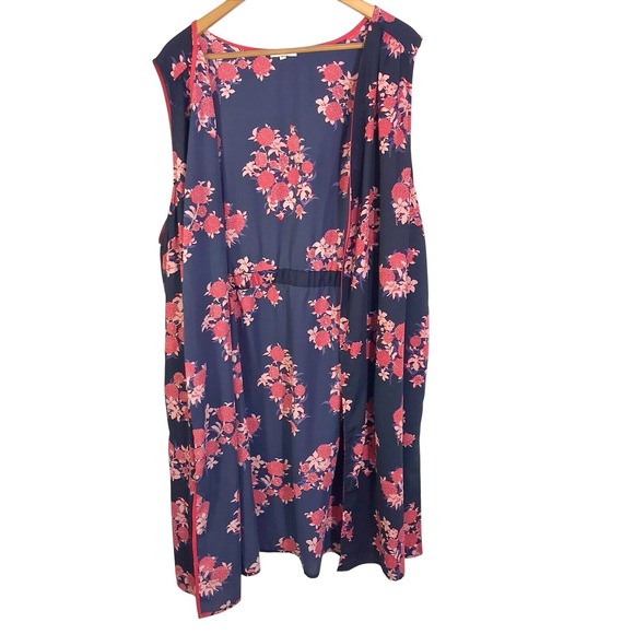 PLEIONE Navy Floral Sleeveless Duster Kimono Cardigan Vest Women 2X - Picture 2 of 16